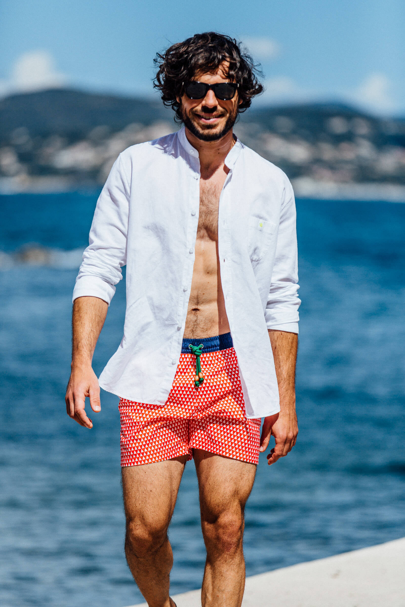 Man wearing a Merry Christmas  swimsuit with elasticated belt